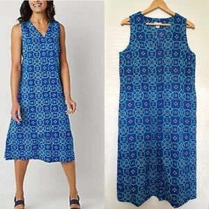 Liz Claiborne Linen Blend MidiDress Women Sz Medium Blue Button Front Sleeveless